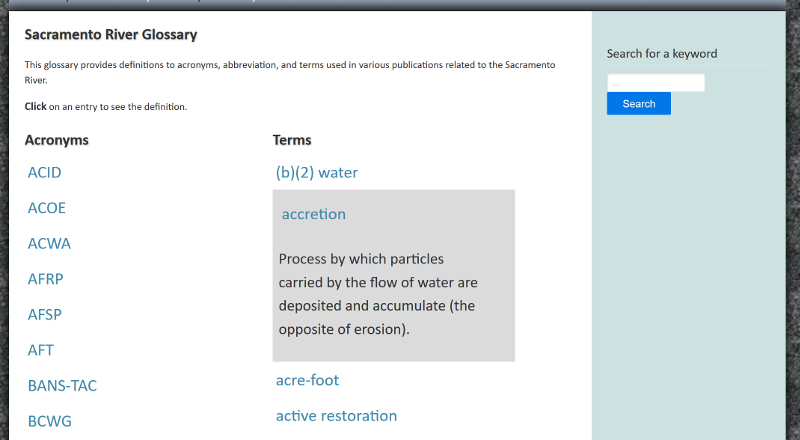 screenshot of the Sacramento River Glossary website