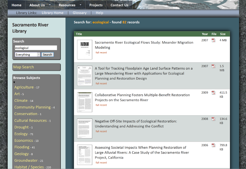 screenshot of the Sacramento River Library website