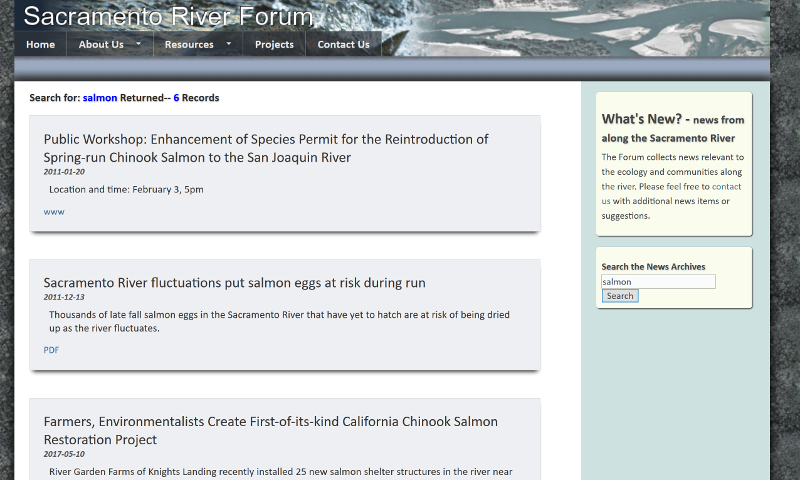 screenshot of the What's New? - Sacramento River news and events website