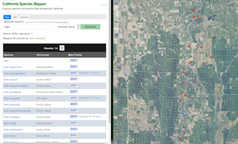 screenshot of the California Species Mapper